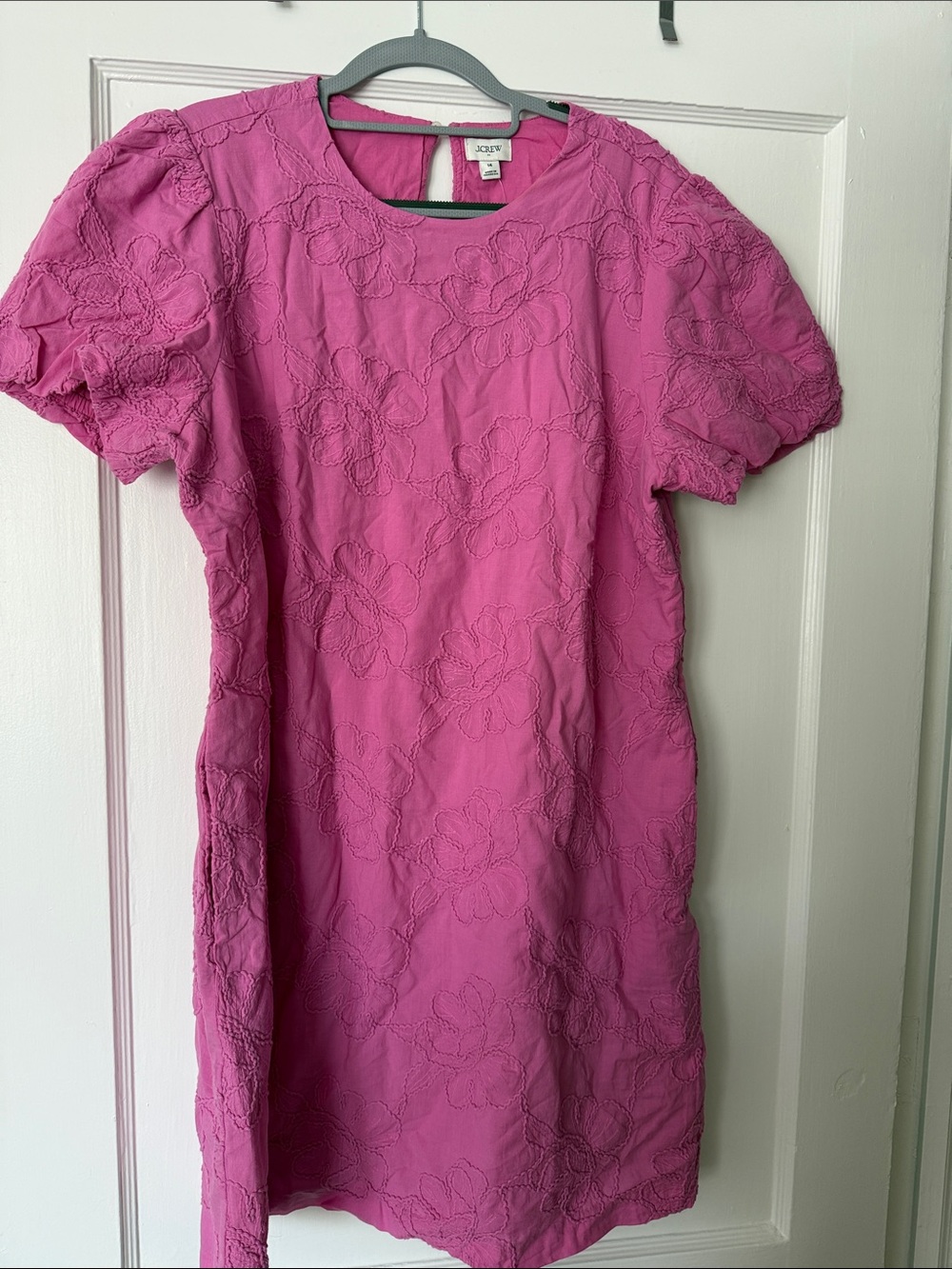 J. Crew Women’s Bright Pink Embroidered Puff-Sleeve Dress